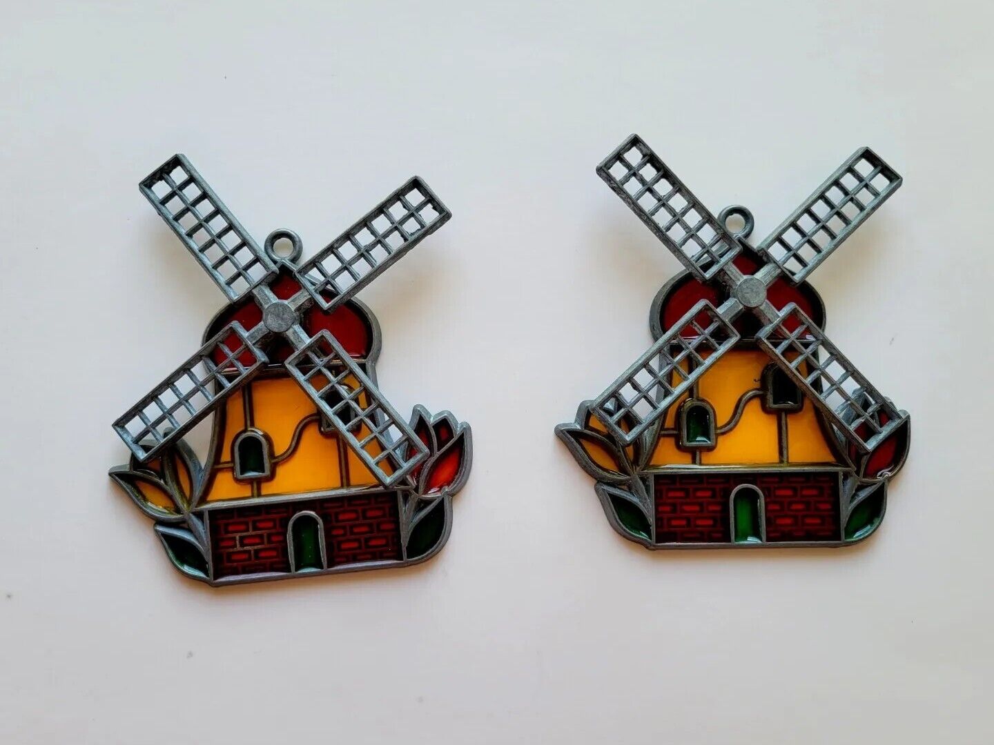 Vintage Pair Set Bright Vibrant Stained Glass Metal Hanging Windmill Suncatchers