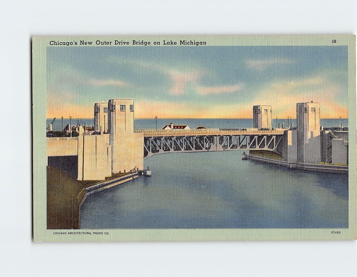 Postcard New Outer Drive Bridge on Lake Michigan Chicago Illinois USA