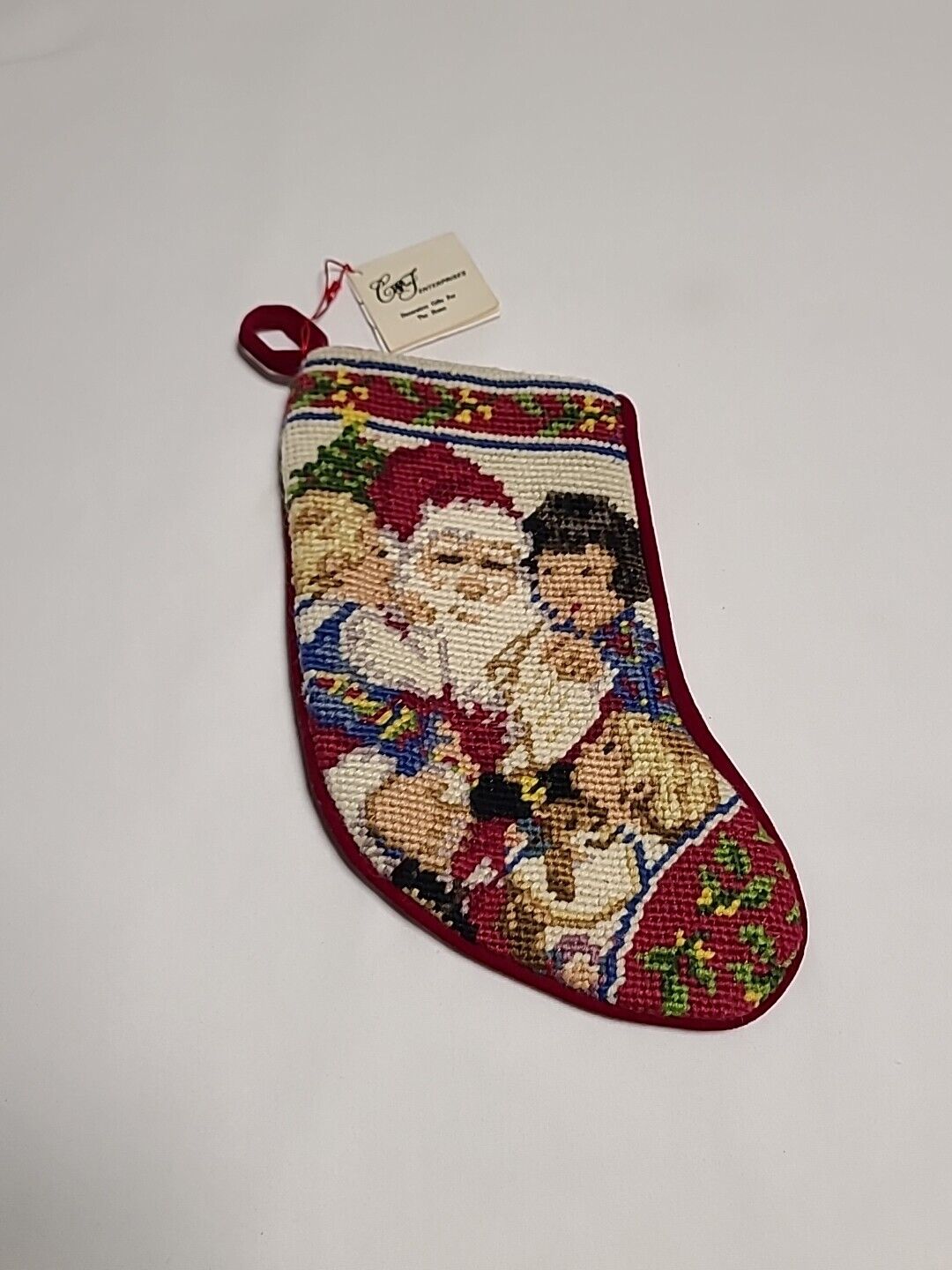 C&F Enterprises Wool Needlepoint Christmas Small Stocking Santa Children 8 1/2\