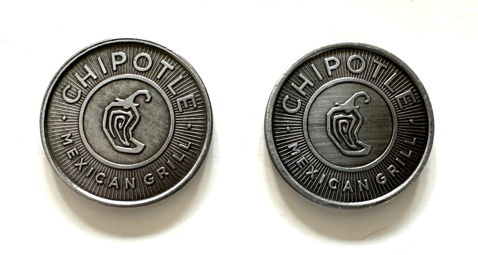 2012 & 2013 Metal CHIPOTLE Mexican Grill Coins /Tokens (exchange for 2 Burritos)