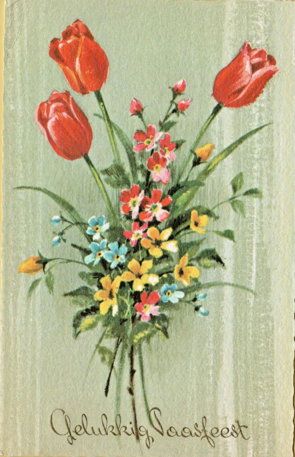 Happy Easter in Dutch Postcard 1980 Red Tulips and Mix Flowers Posted