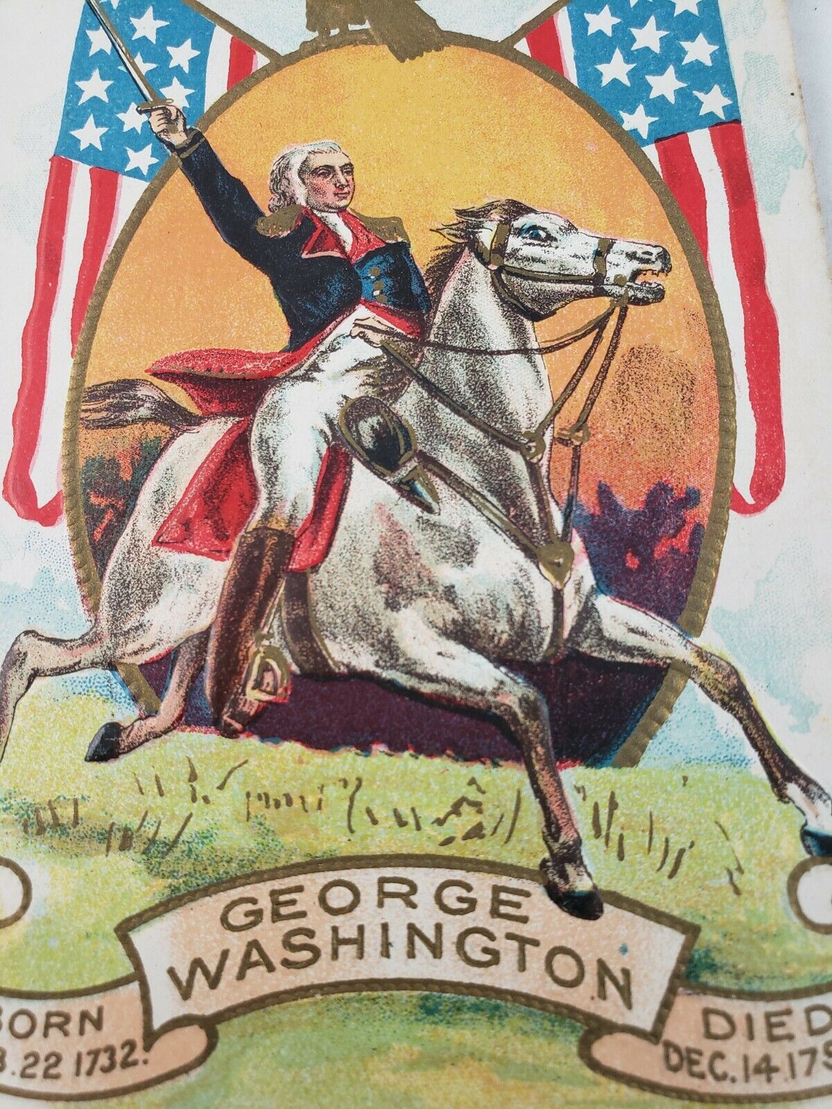 C 1910 George Washington Horse Sword Flags Eagle Gold Embossed Birthday Postcard