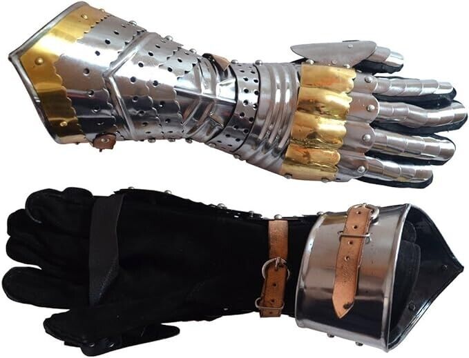 Medieval Articulated Gauntlets with Brass Accents Rustic Vintage Home Decor Gift