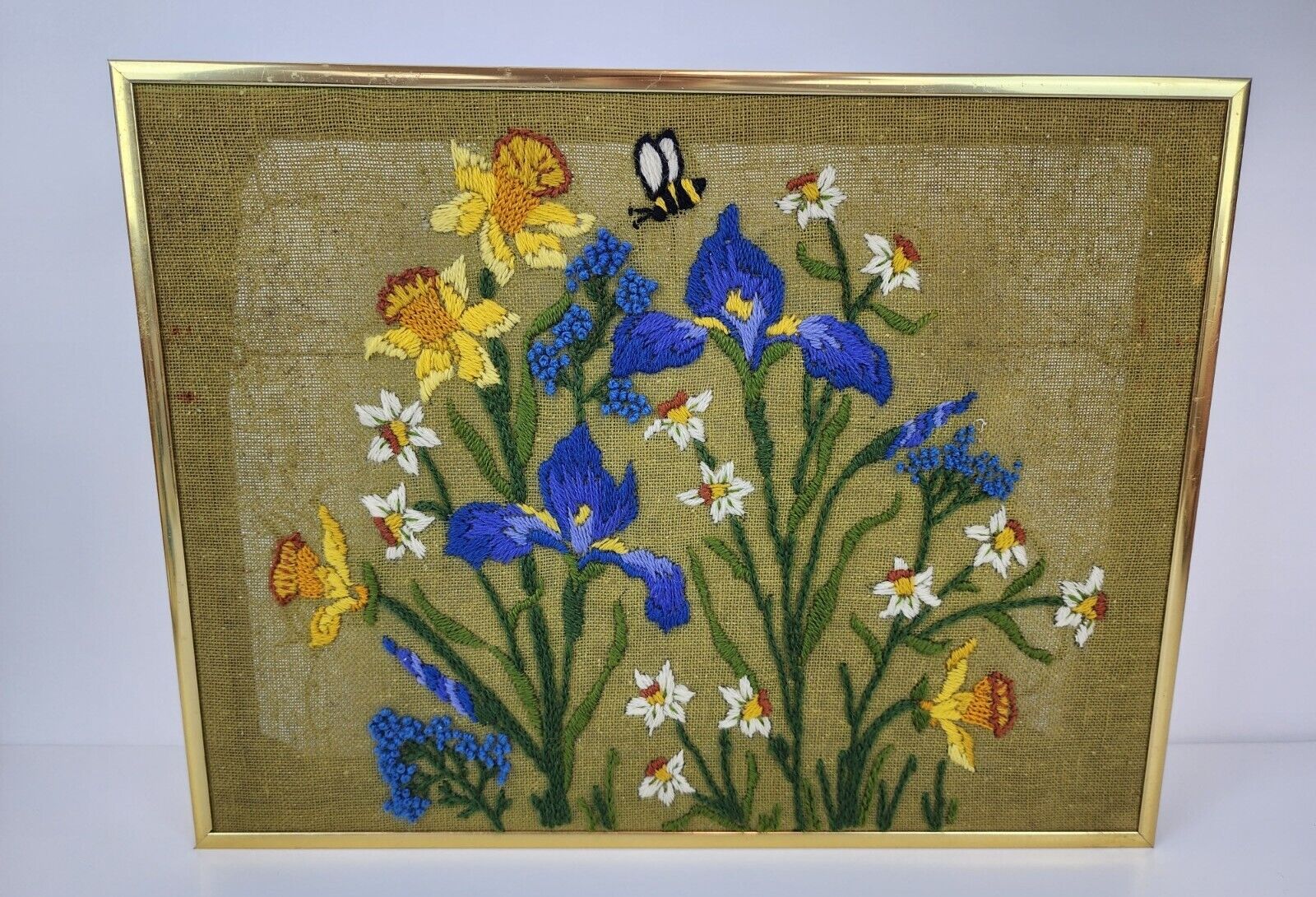 Vintage 70s Crewel Embroidery Floral Flowers Bee, Blue Iris &  Daffodil Wall Art