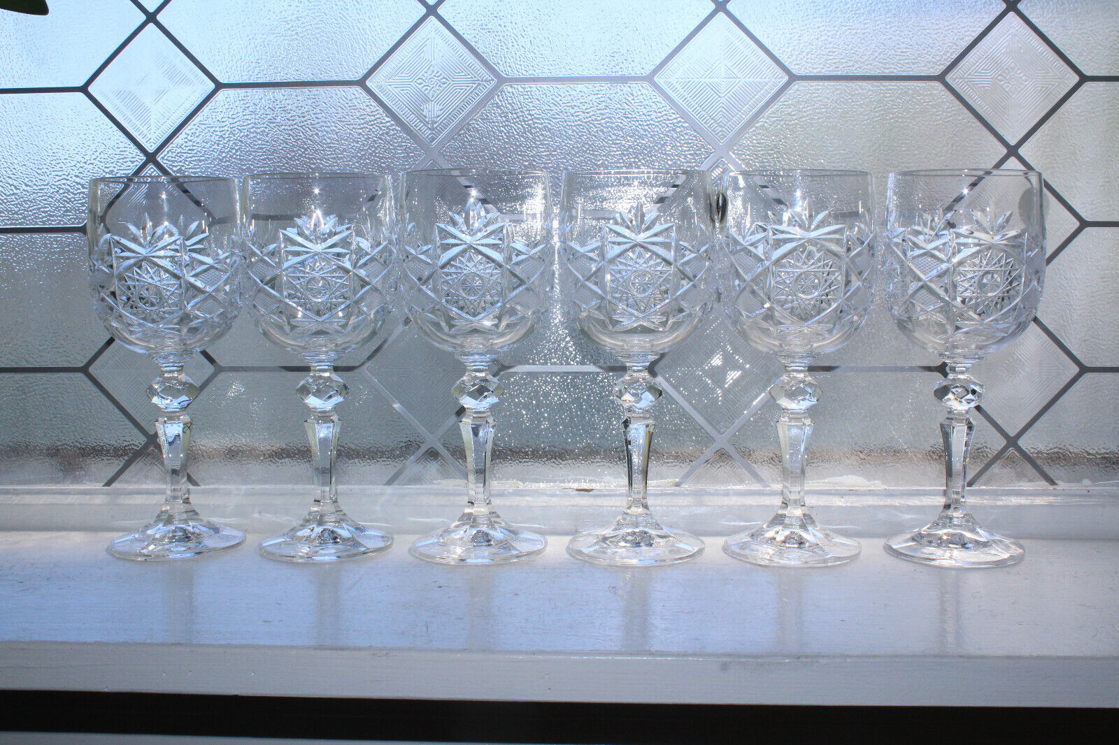 6 Vintage Bohemia Hand Cut Lead Crystal Wine Glasses Queen\'s Lace Fan and Star