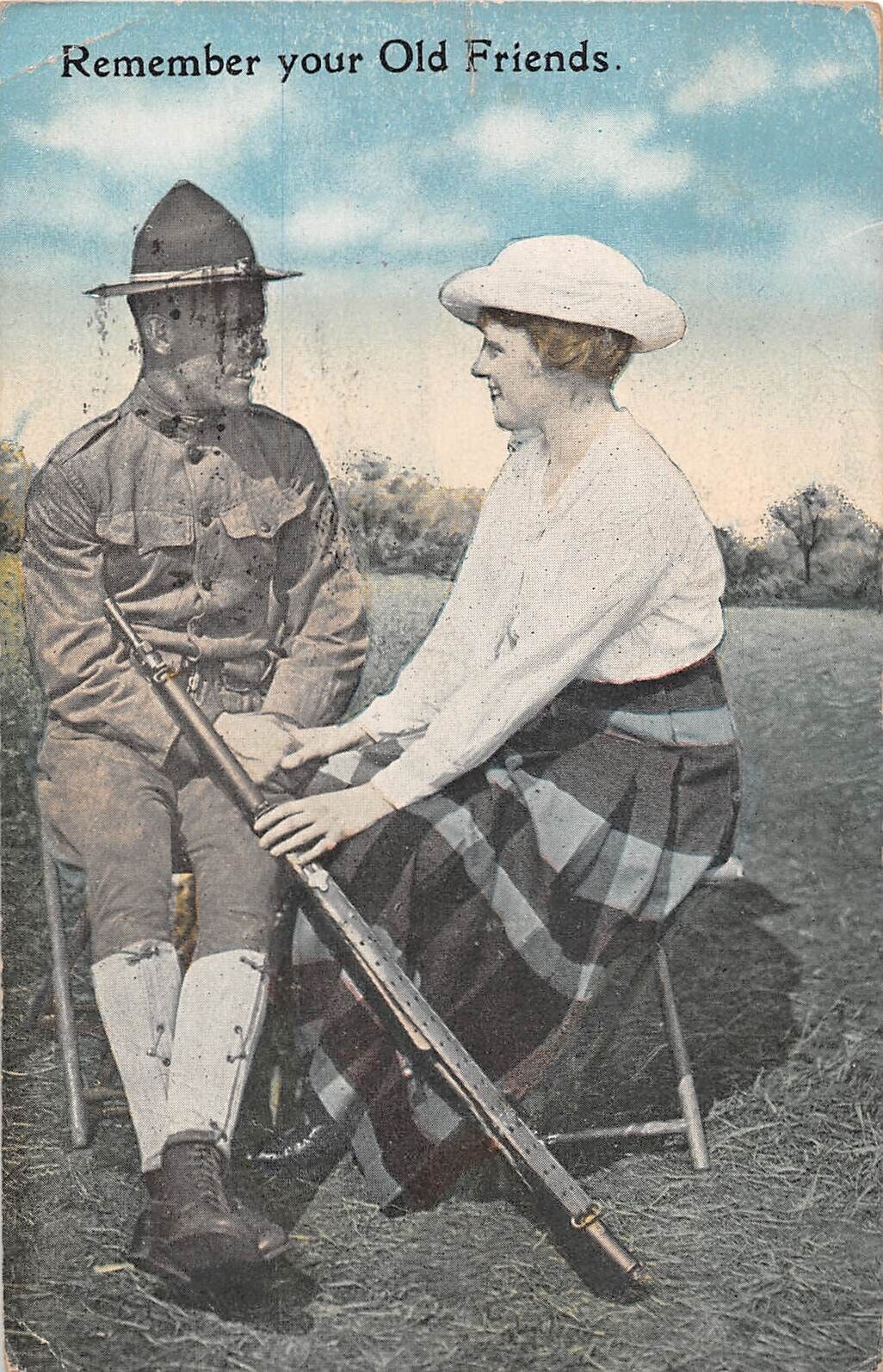 1918 Patriotic PC of Pretty Lady Flirting With Soldier-Remember Your Old Friends