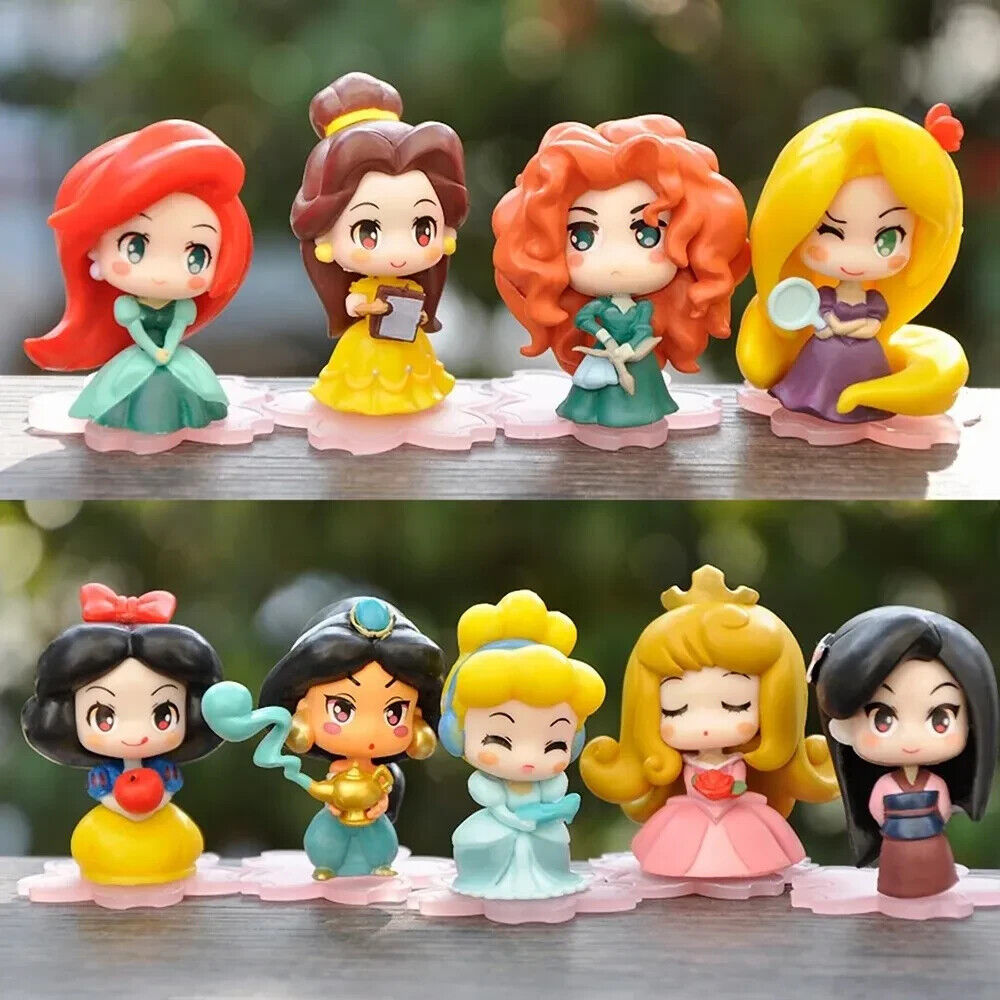 Disney 9 Pcs Set Figurines, Kawaii Rapunzel Snow White Jasmine Mulan Ariel 2 in