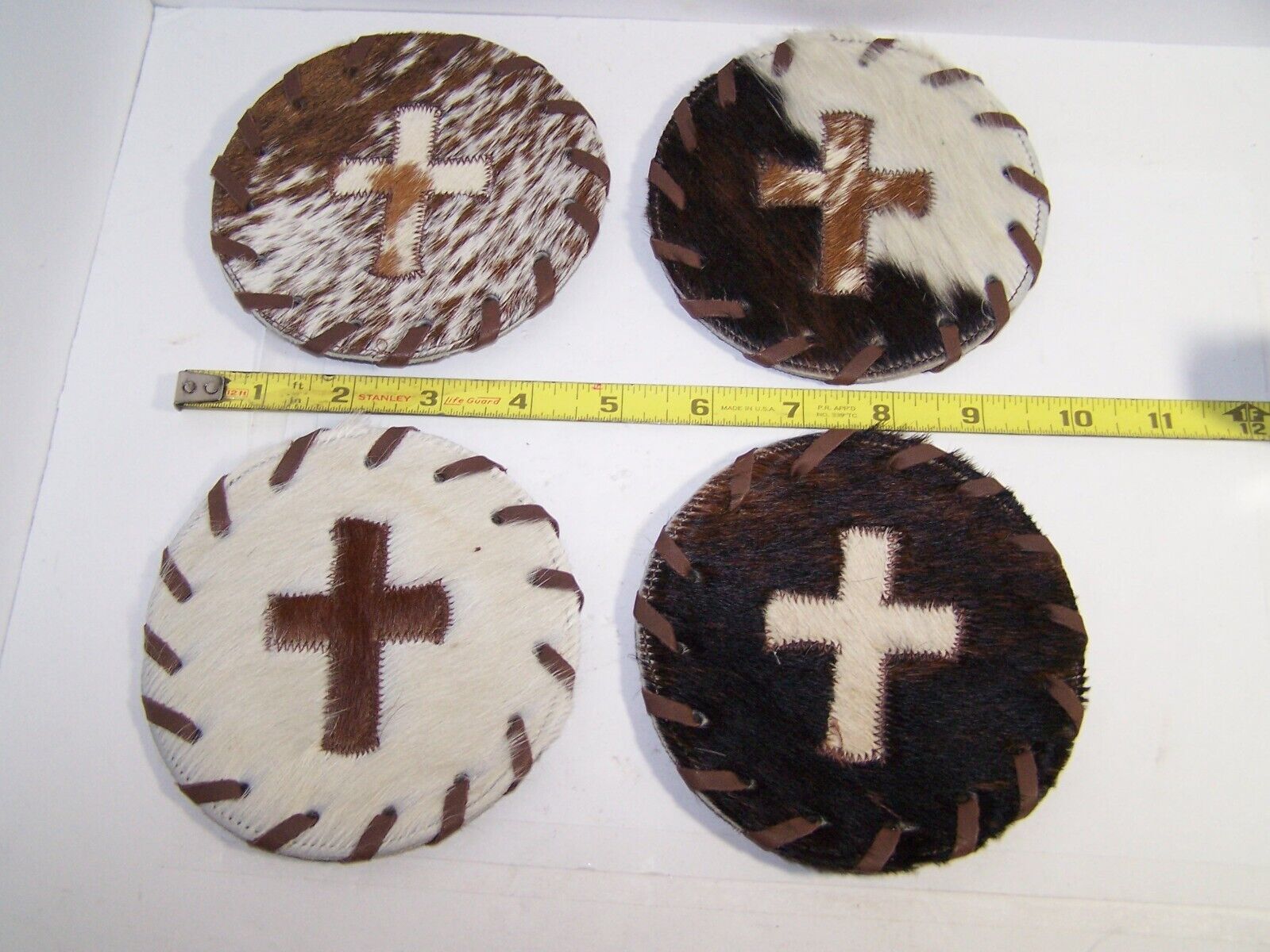 Cow hide coaster set of 4 with center cross 5\