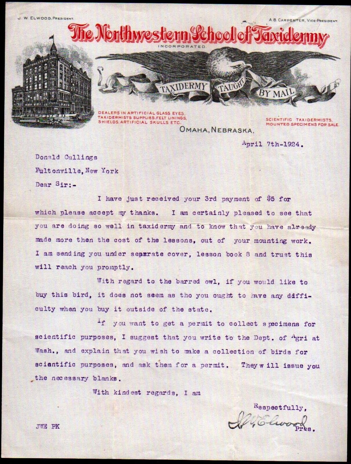 1924 Omaha Ne - Northwestern School of Taxidermy - Rare Letter Head Bill