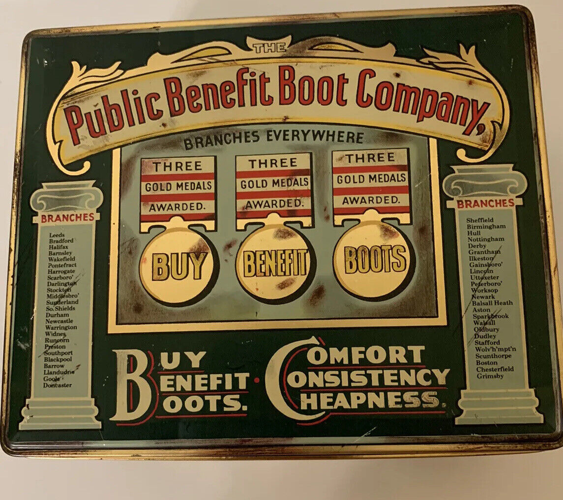 The PUBLIC BENEFIT BOOT COMPANY TIN CONTAINER Advertising
