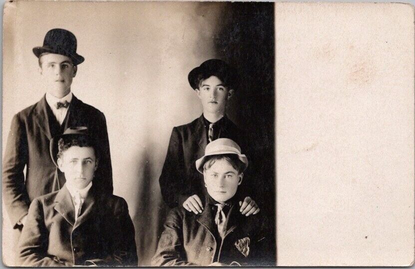 Vintage 1910s RPPC Real Photo Postcard Four Teenage Boys / Studio Portrait