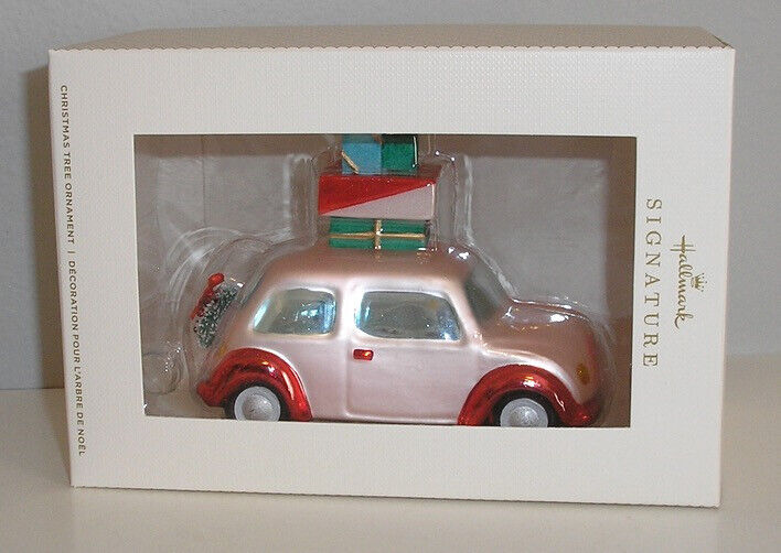 2023 Hallmark - PINK/RED CAR WITH PRESENTS ON TOP - GLASS SIGNATURE ORNAMENT