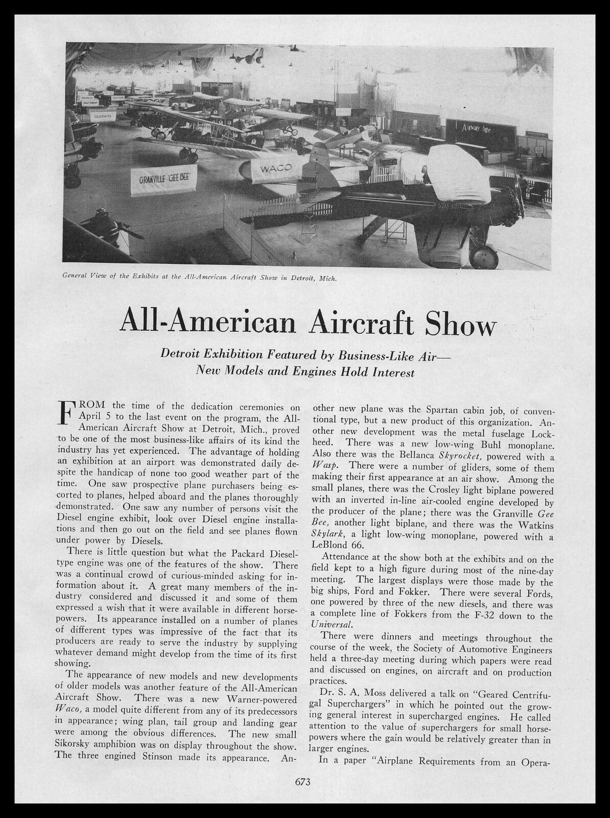 1930 All-American Aircraft Show Detroit Exhibit Photo & Article Vintage Print Ad