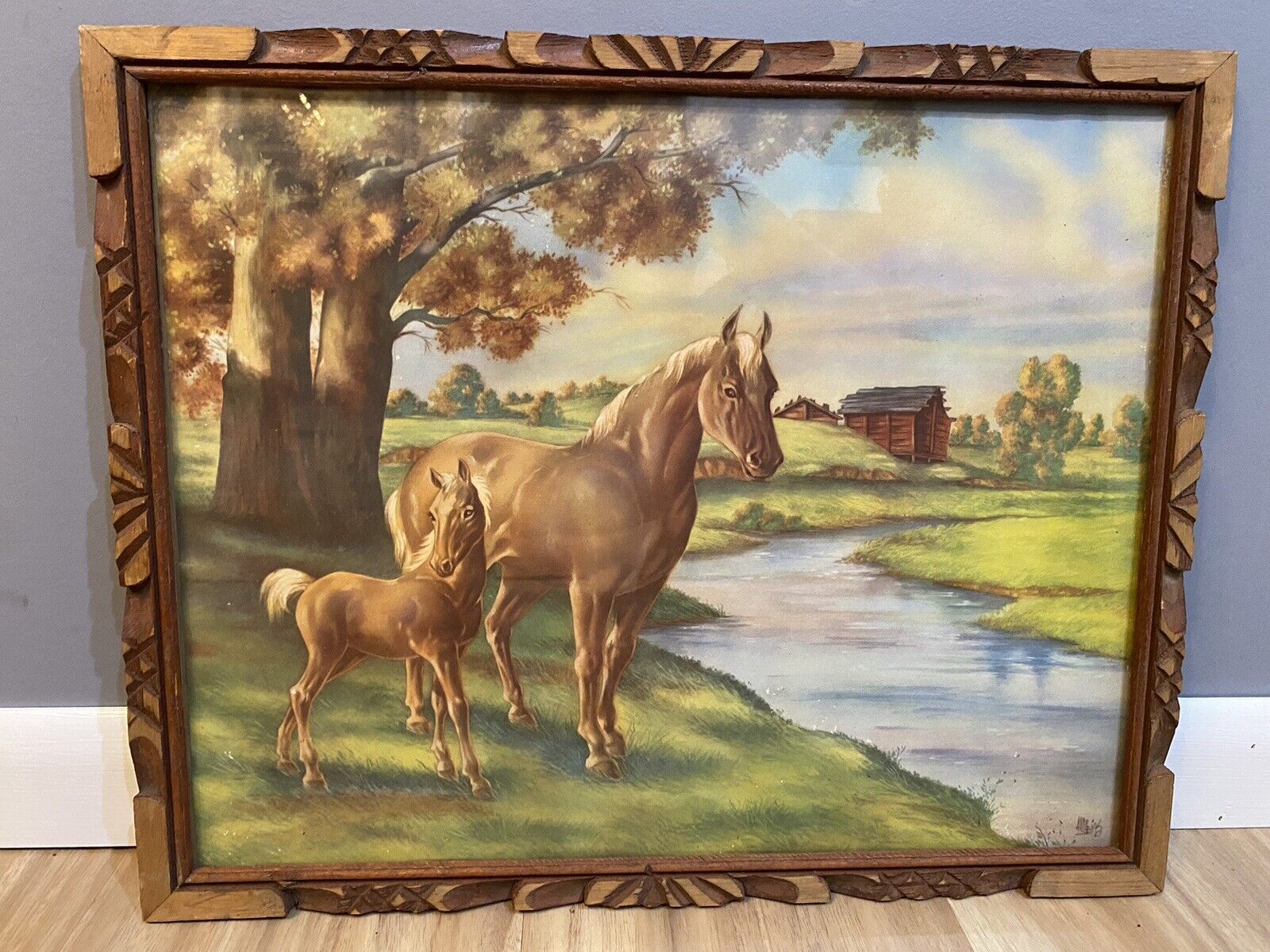 1940’s Horse and Foal Picture, Folk Art Carved Frame. Vintage. Excellent