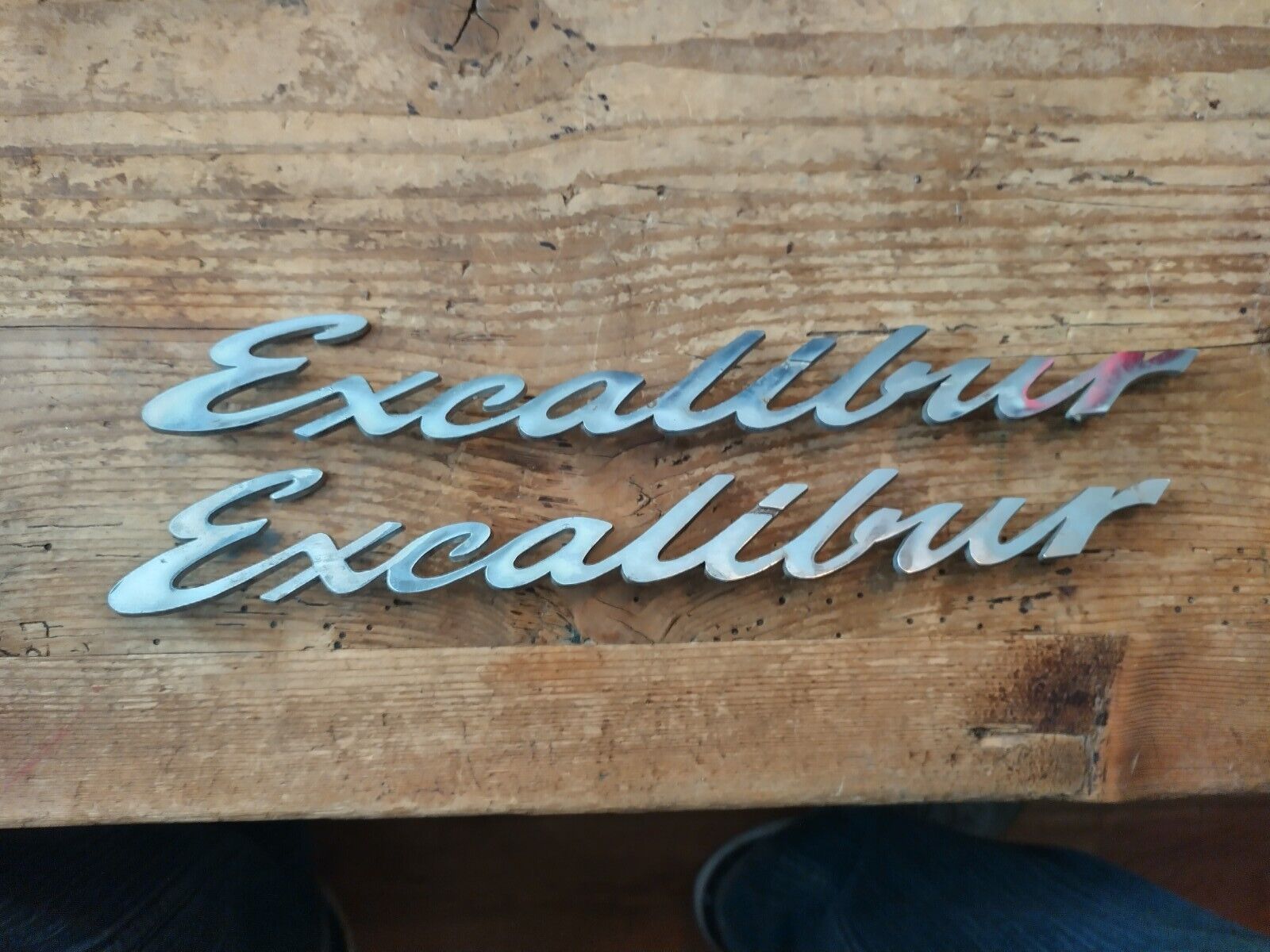 RARE PAIR Set Of 2    Excalibur Stainless Automotive Script  Emblem Badge 