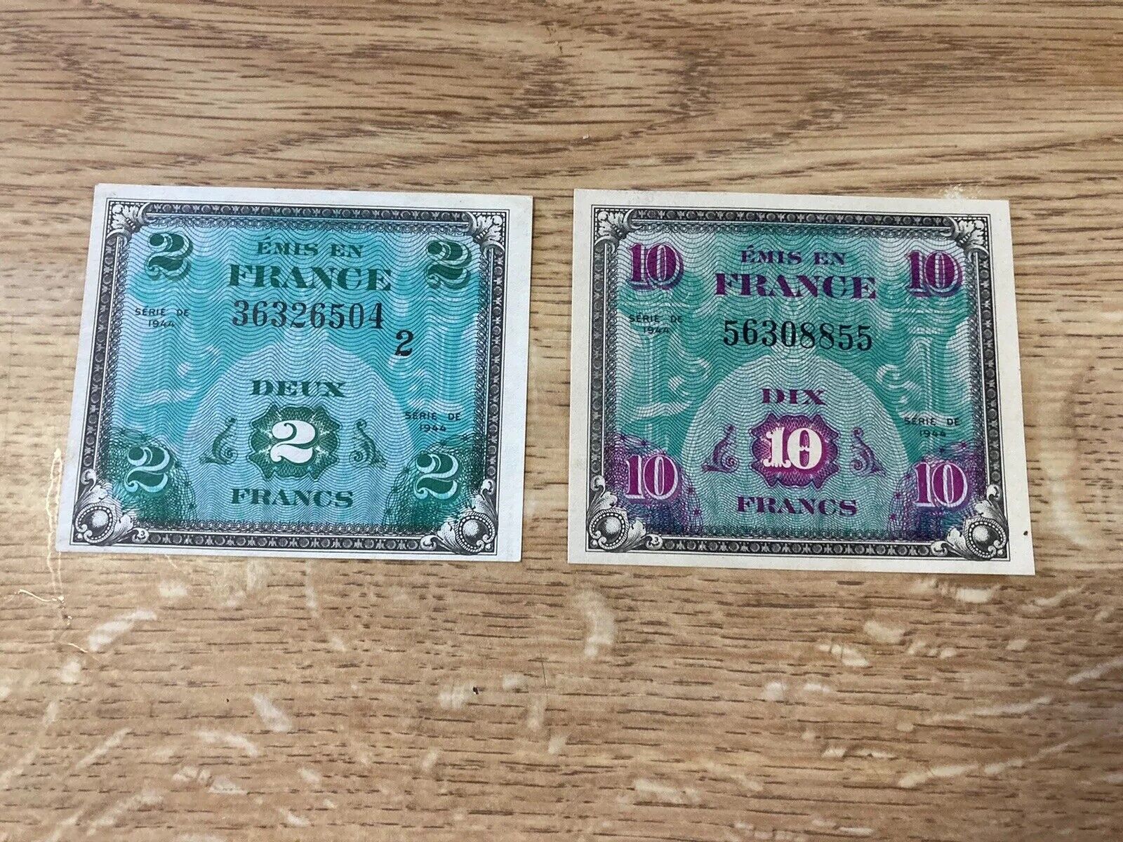 1944 French WW 2 Notes Excellent Condition 10 Franc & 2 Franc