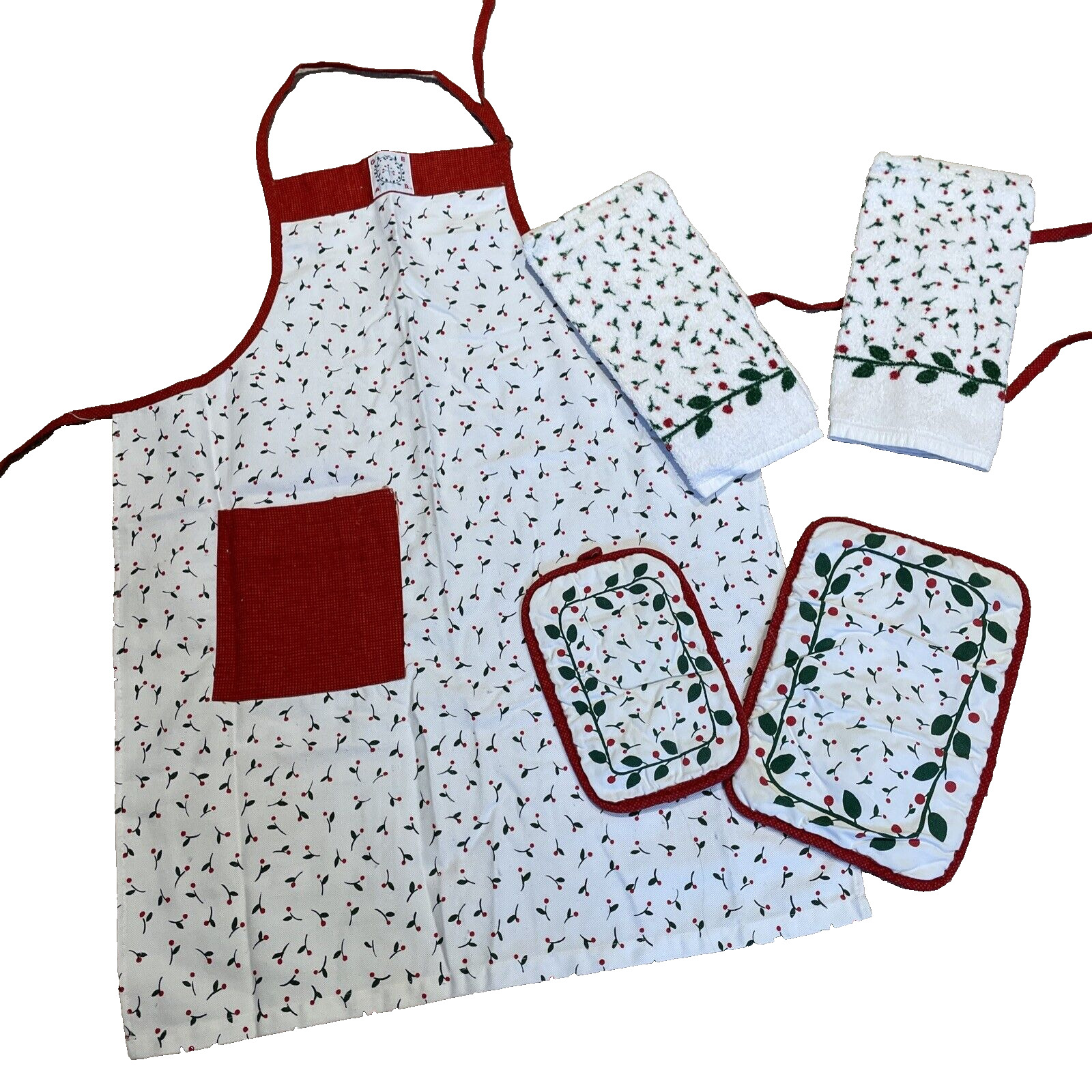 Vintage GEAR Christmas Kitchen Dish Hand Towels, Pot Holders, Apron Cotton USA