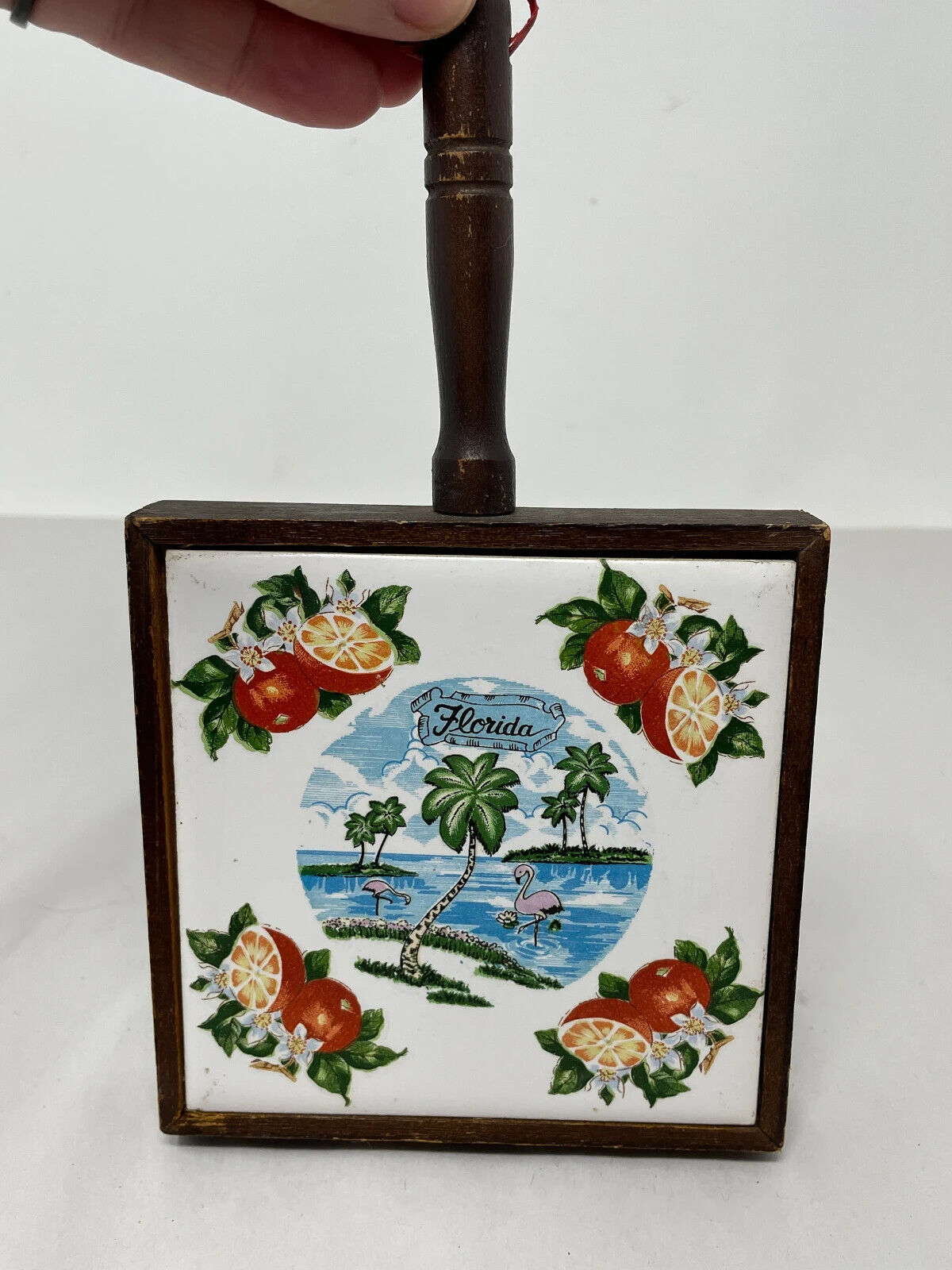 Vintage Florida Souvenir Wood Ceramic Trivet Hotpad Travel Flamingo Wall Hanging