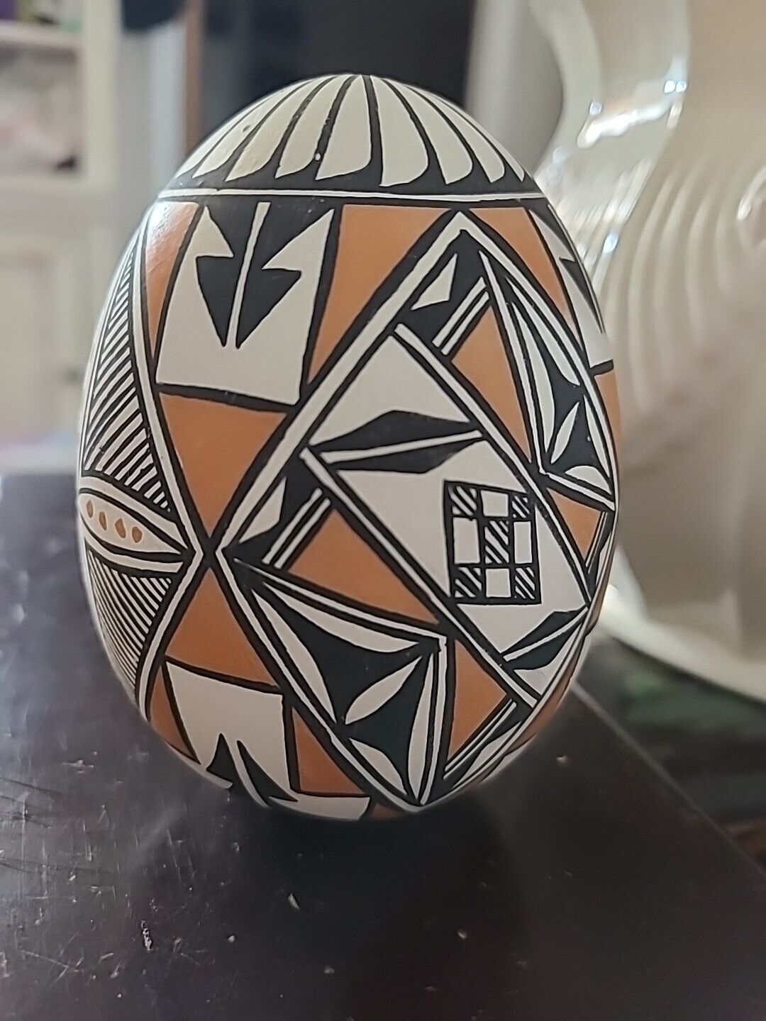 Vintage Native American Geometric Black, White, Brown Egg Acoma Pottery 