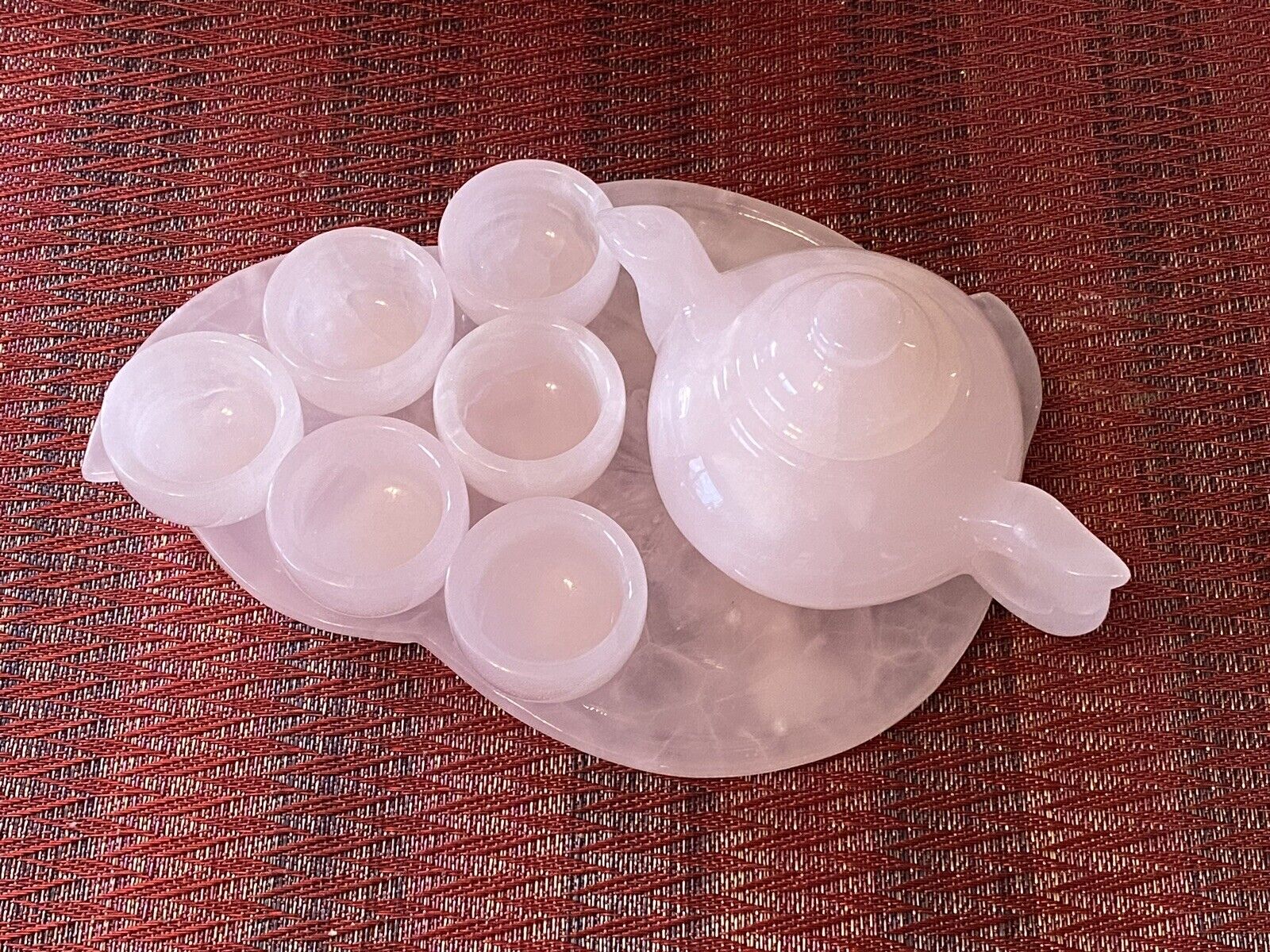 Pink quartz hand carved Small Size Tea Set For Fengshui Decorations