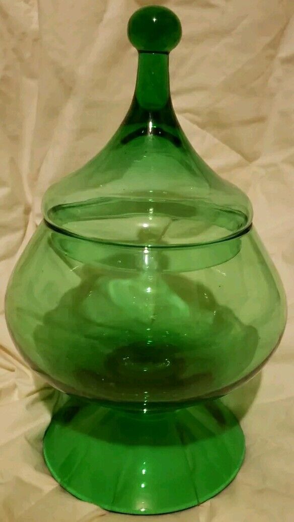 MCM Empoli Green Optic Glass Apothecary Footed Jar Candy Dish Circus Tent