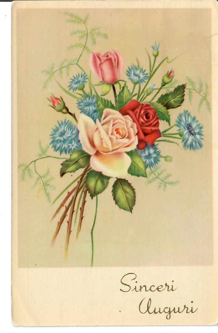 Blossoming Flowers Sinceri Auguri, Best Wishes in Italian Postcard Posted \'55