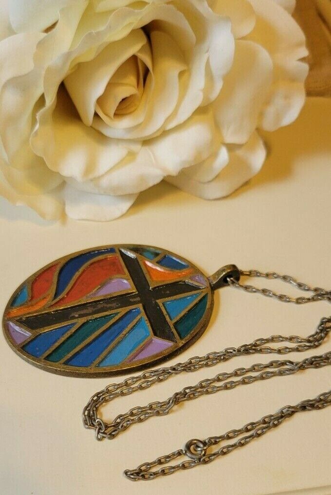 † Vintage LARGE Abstract Cross Brass PENDANT Necklace 24\