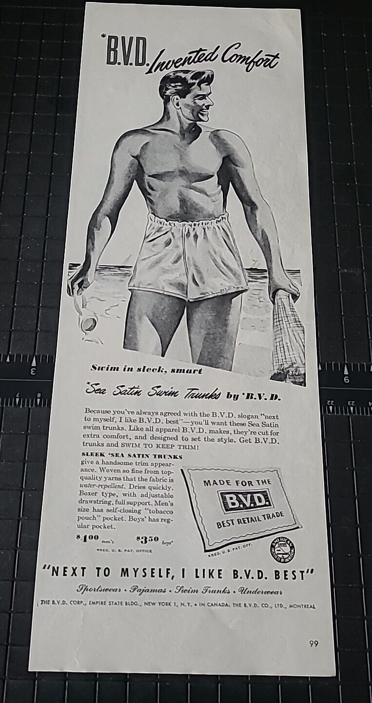 Bvd Mens Satin Swim Trunk Print Ad 1945 5x14 