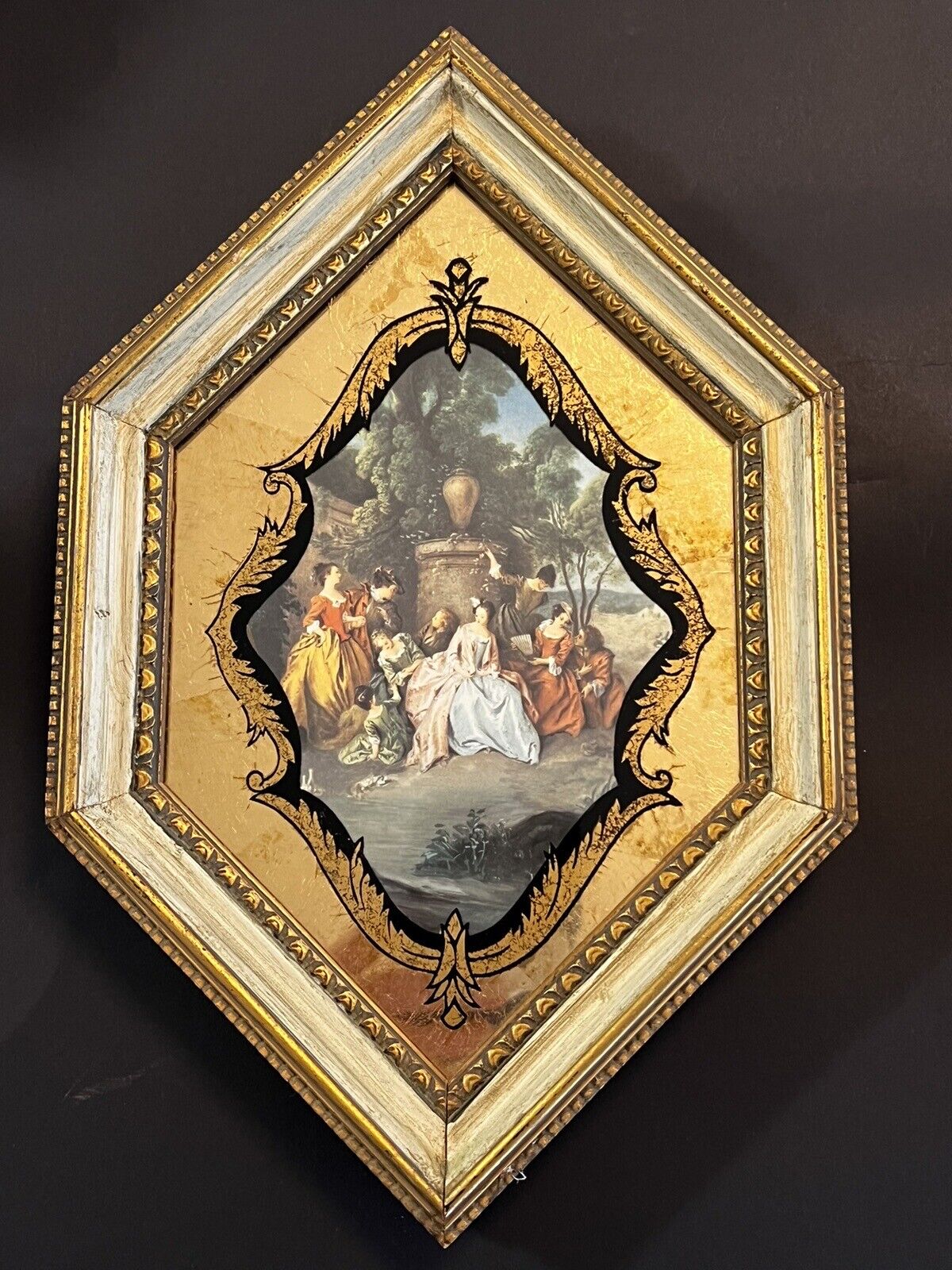 Ornate MCM French/Italian Style Gold Rococo Florentine Hexagonal Wall Art Plaque