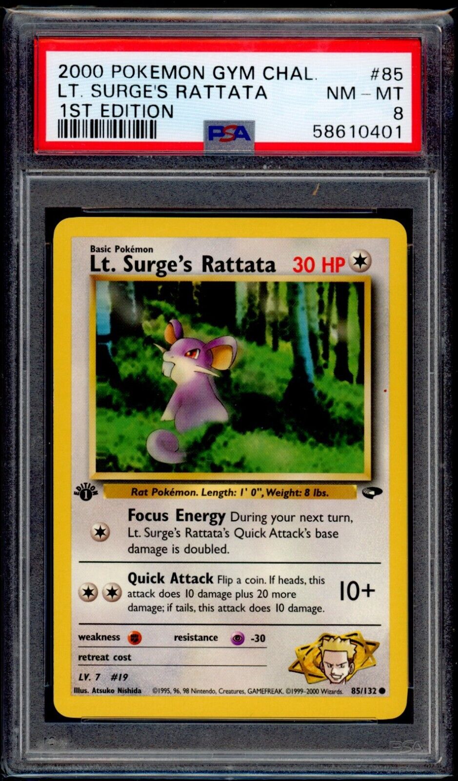 PSA 8 Lt. Surge\'s Rattata 2000 Pokemon Card 85/132 1st Edition Gym Challenge