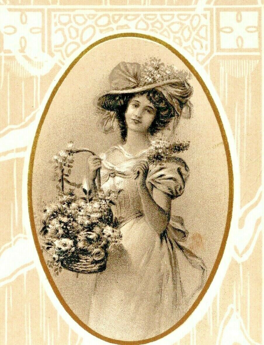 C.1910s Beautiful Woman Portrait. Large Victorian Hats. Flower Basket. VTG Card.