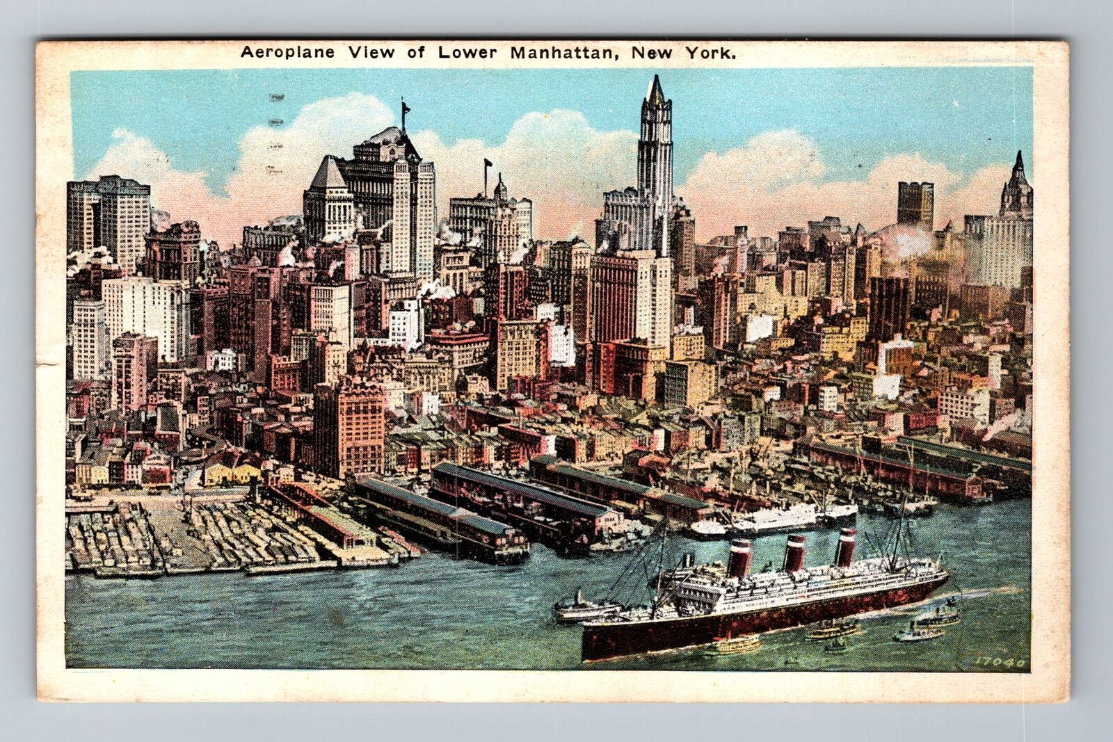 Manhattan NY-New York Aeroplan View Lower City Ship c1935 Vintage Postcard