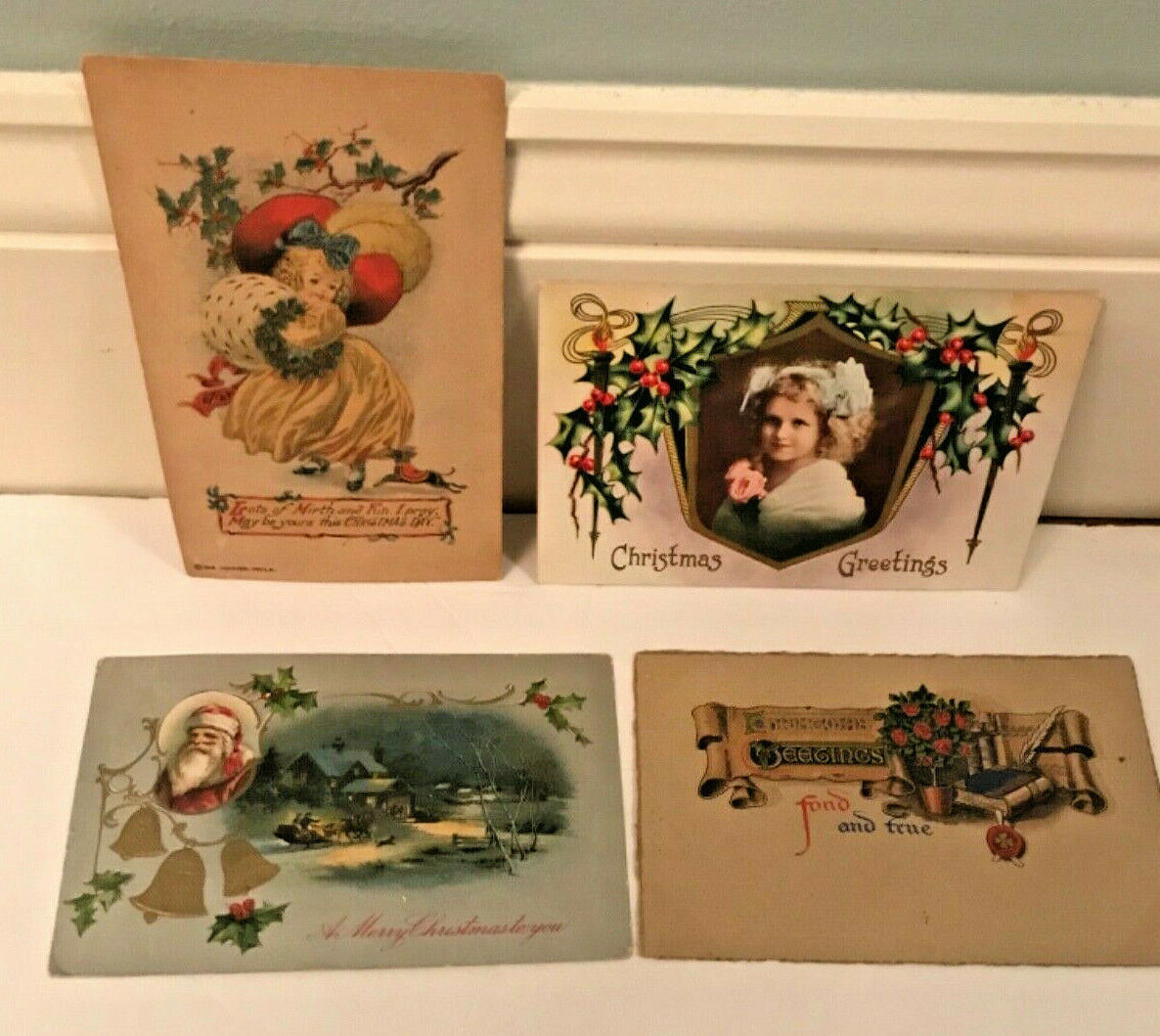 Antique Christmas Postcards Lot of 4 Postmarked 1910- 1913 Foil Card Hoover Card