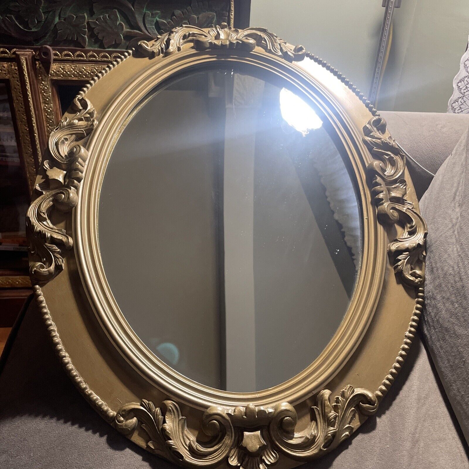Vintage antique gold Victorian Wood & Gesso Oval Mirror Frame 25” x 19”