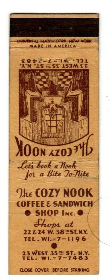 COZY NOOK COFFEE & SANDWICH SHOP matchcover matchbook - NYC, NEW YORK - OLD