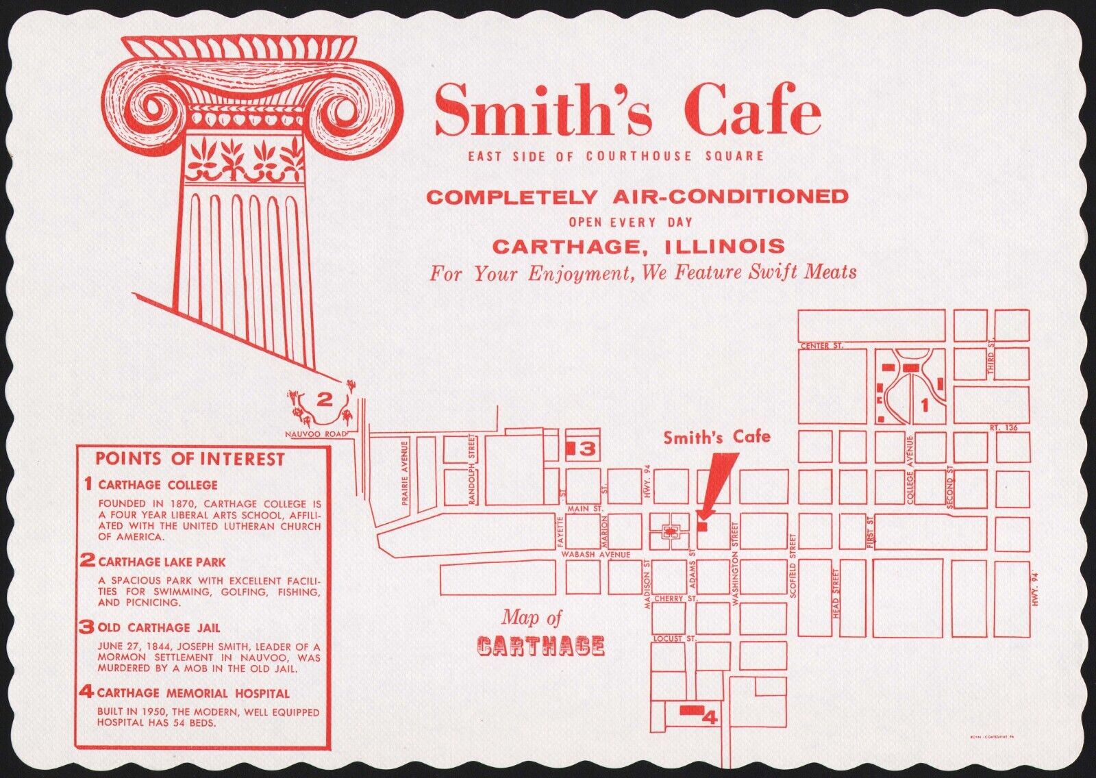 Vintage placemat SMITHS CAFÉ Roman column and map pictured Carthage Illinois