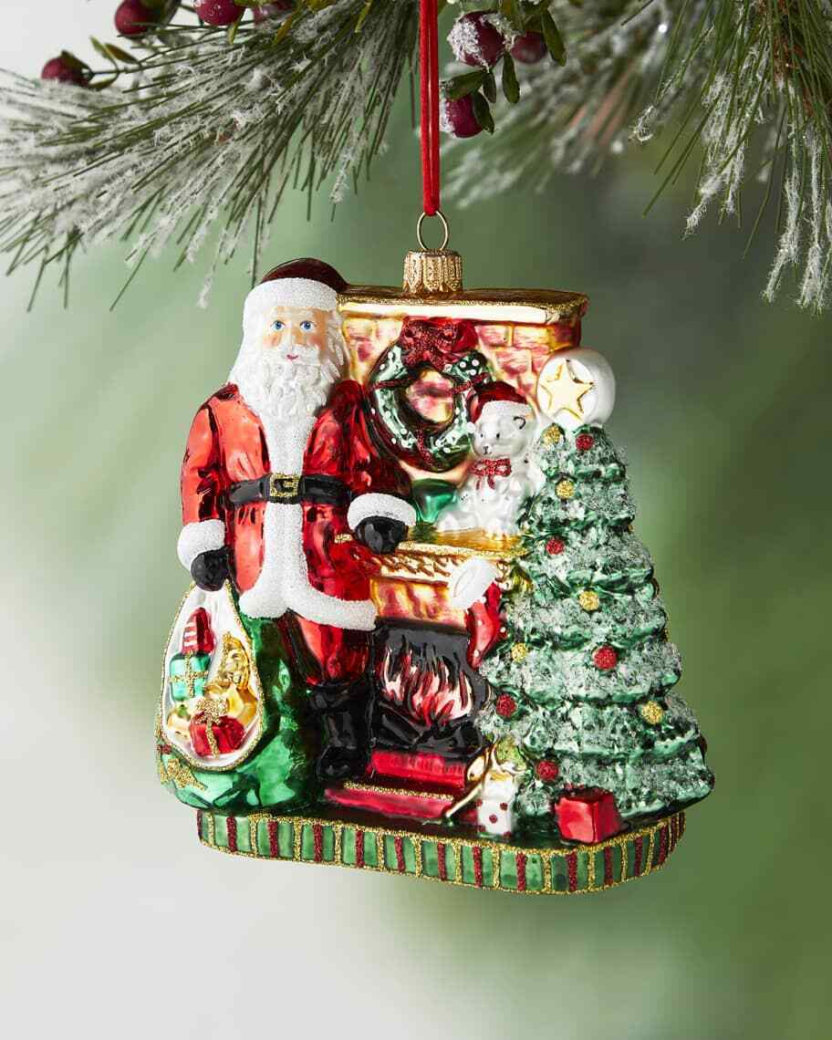 New Neiman Marcus Santa By The Fireplace Glass Christmas Ornament