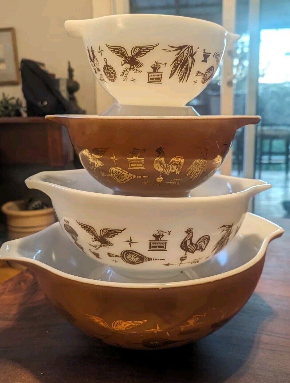 Vintage Pyrex Cinderella Mixing Pouring Bowls Set of 4 Brown Early American MCM