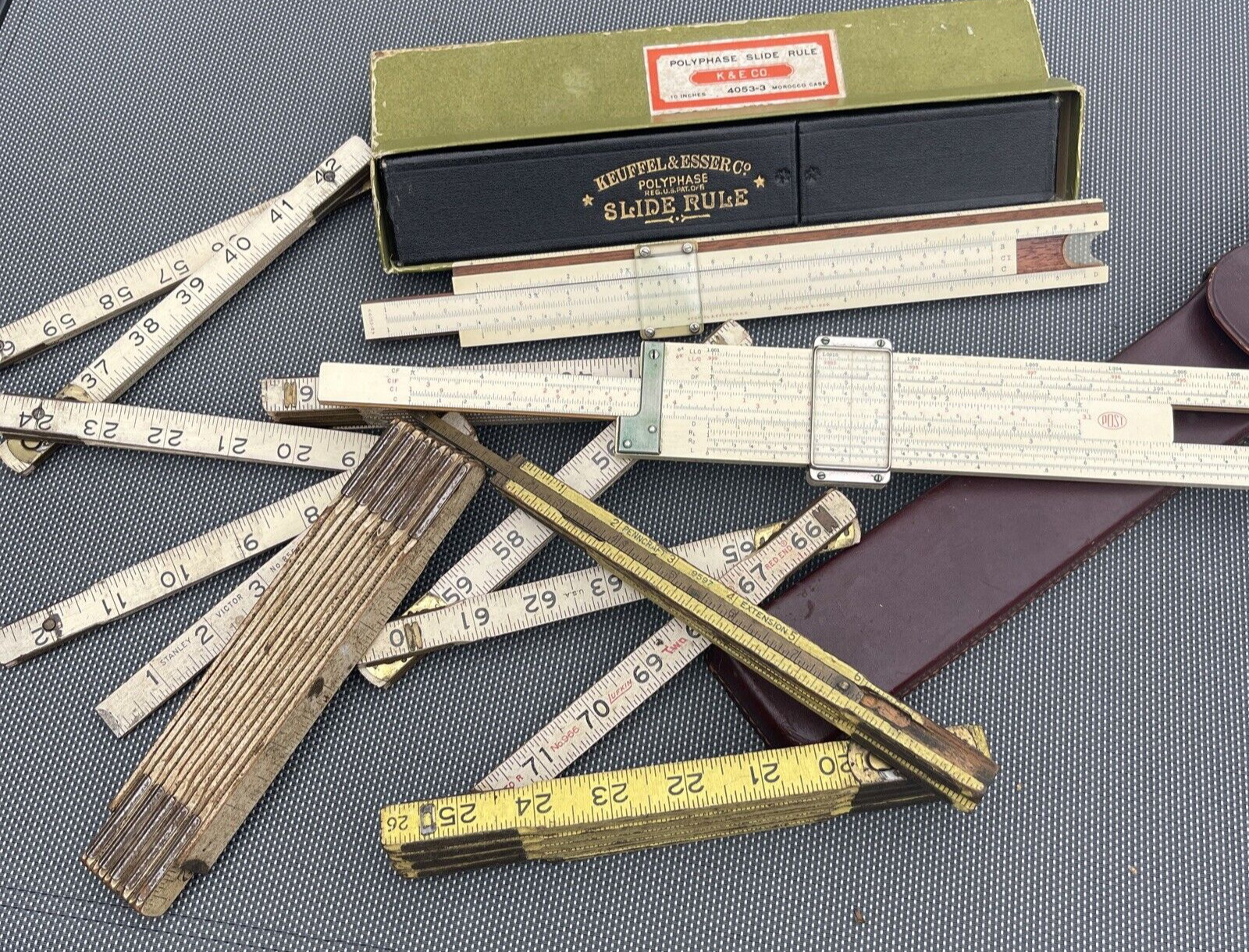 Lot of Vintage Industrial Wood Slide Rules & Folding Zig Zag Rulers Post K&E