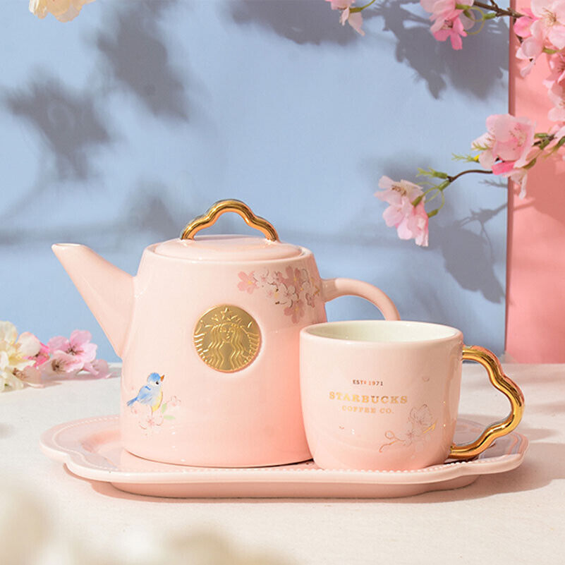 New Starbucks Pink Sakura Birds Teapot Set Coffee Mug Tea Tray Bridal House Gift
