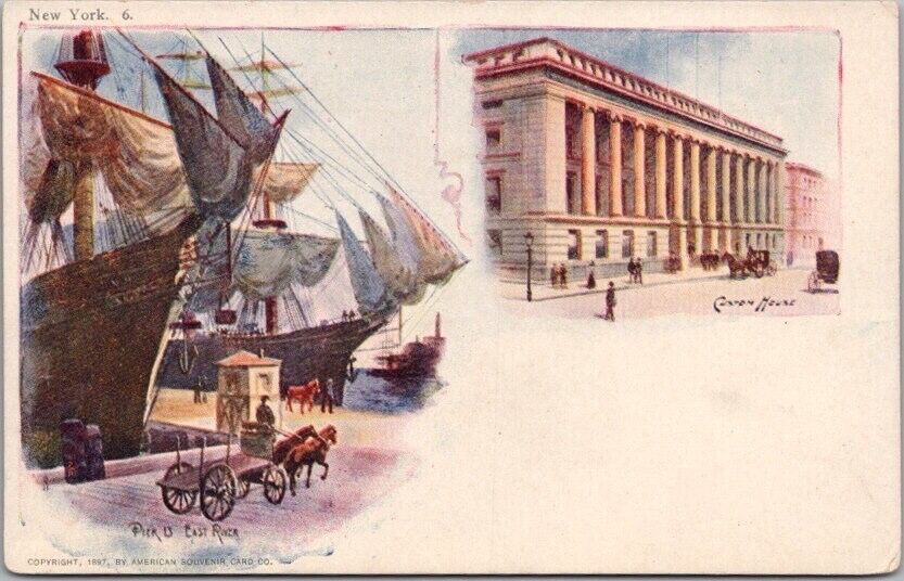 Vintage 1900s NEW YORK CITY Multi-View Greetings Postcard Pier 13 / Custom House