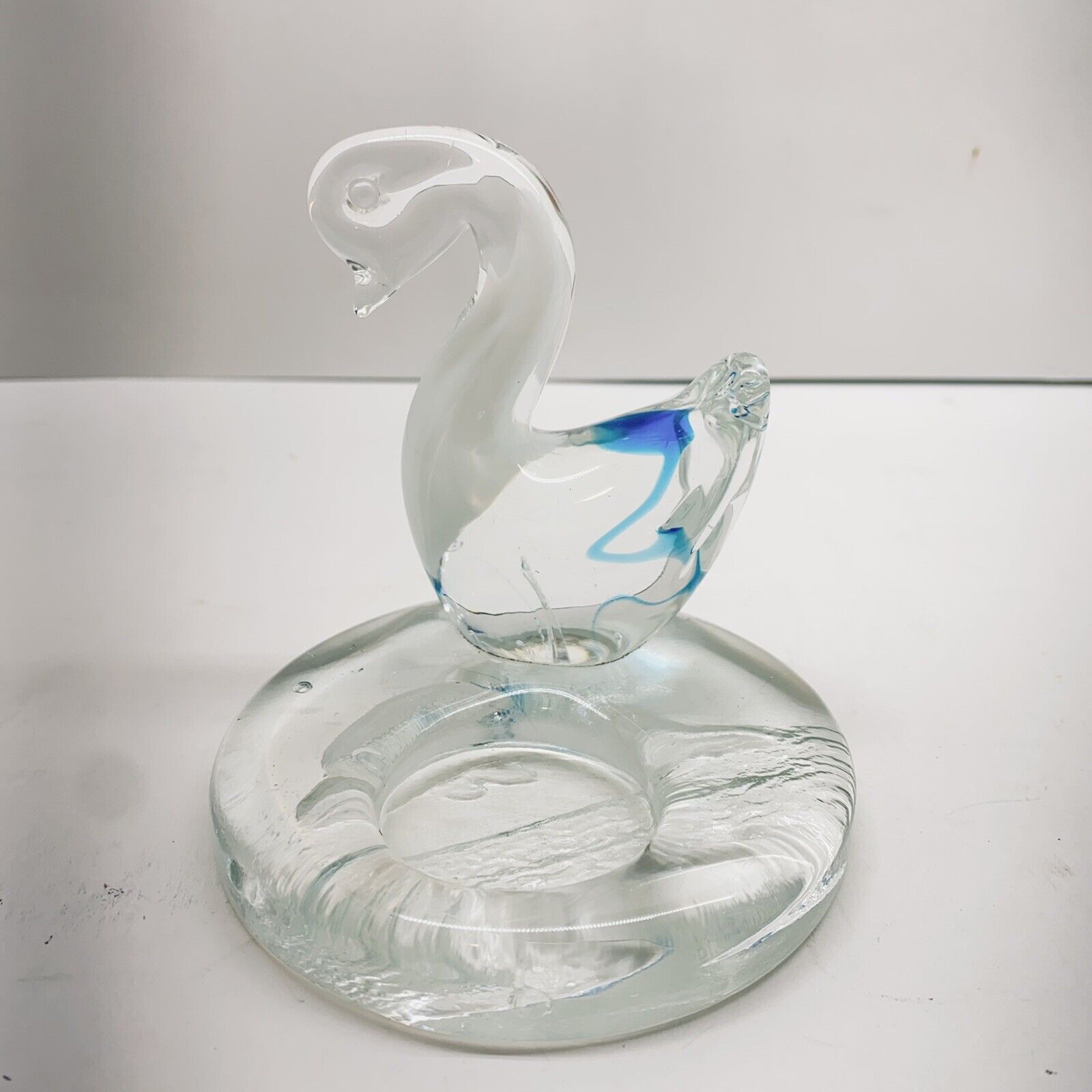 Vintage Blown glass Swan Figurine Votive Candle Holder  Clear Blue