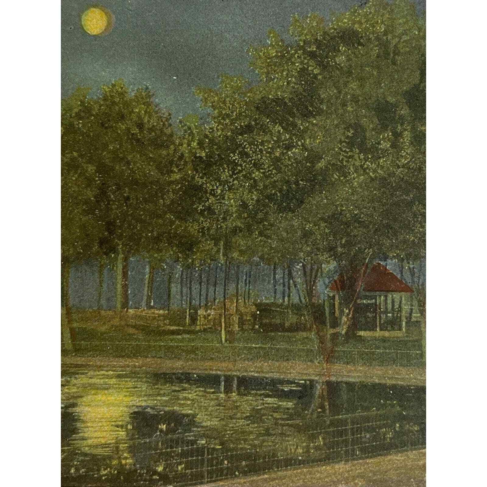 Antique Early 1900s Litho Ephemera Postcard Moonlight Lake Front Hammond IN CT