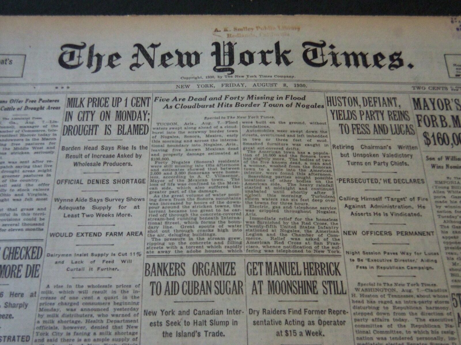 1930 AUGUST 8 NEW YORK TIMES - 5 DEAD 40 MISSING IN NOGALES FLOOD - NT 5623