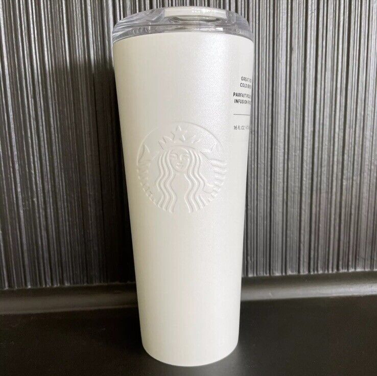 Starbucks Ice Pearl White Stainless Steel Tumbler Cold Brew Cup 16oz NEW