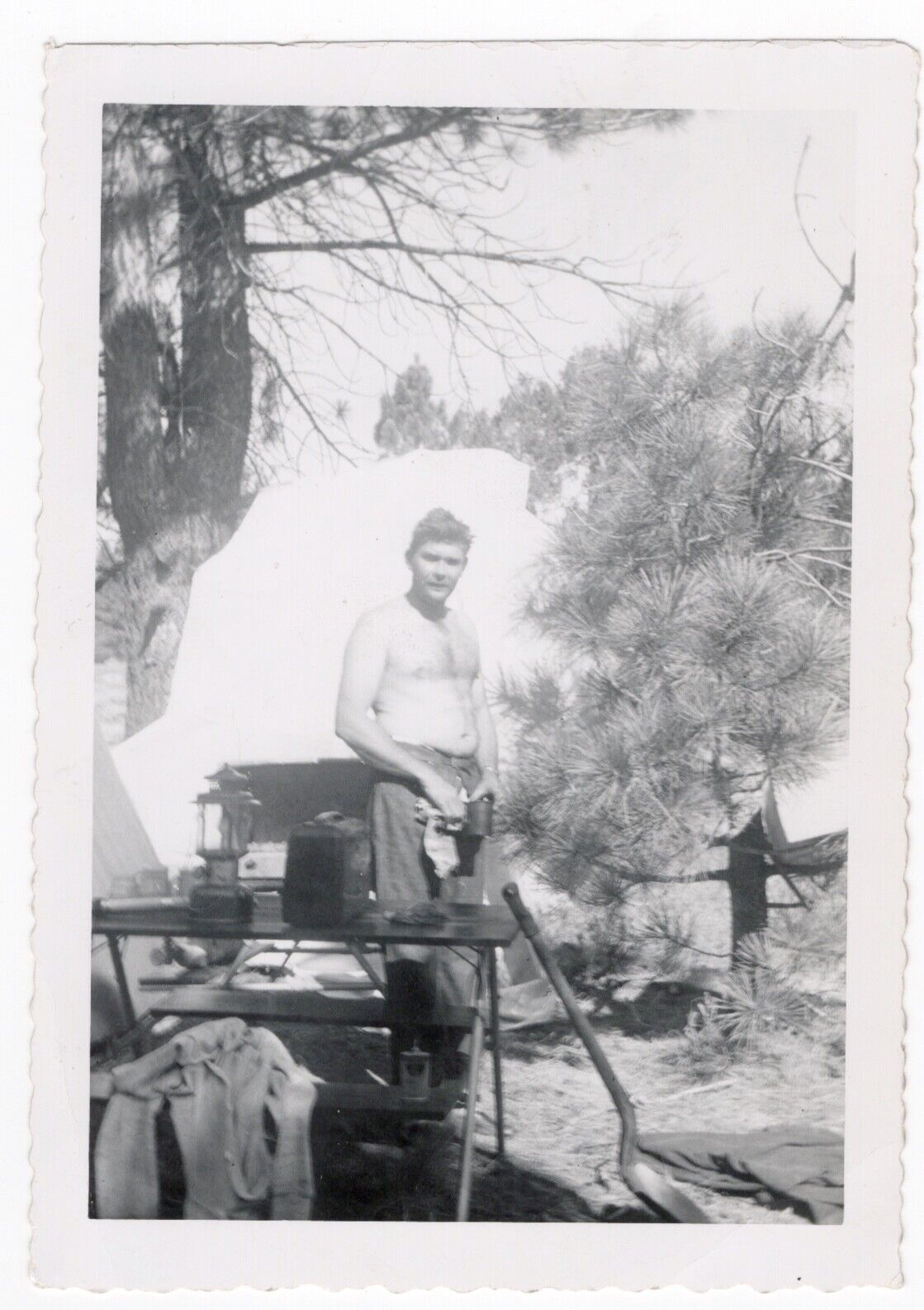 Vintage Photo Beefy Handsome Shirtless Man Camping in the Woods c1930-40s