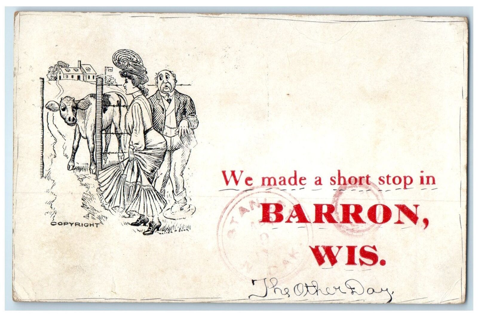 1910 We Made A Short Stop In Barron Wisconsin WI Posted Woman And Cow Postcard