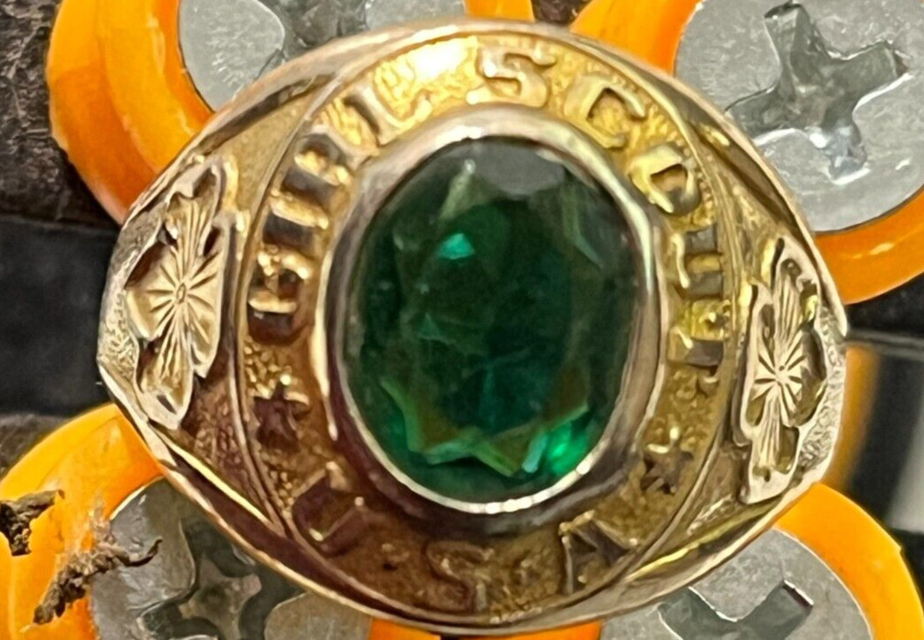 Clark and Coombs C&C Girl Scout USA Green Stone Club Ring 10K Gf adjustable
