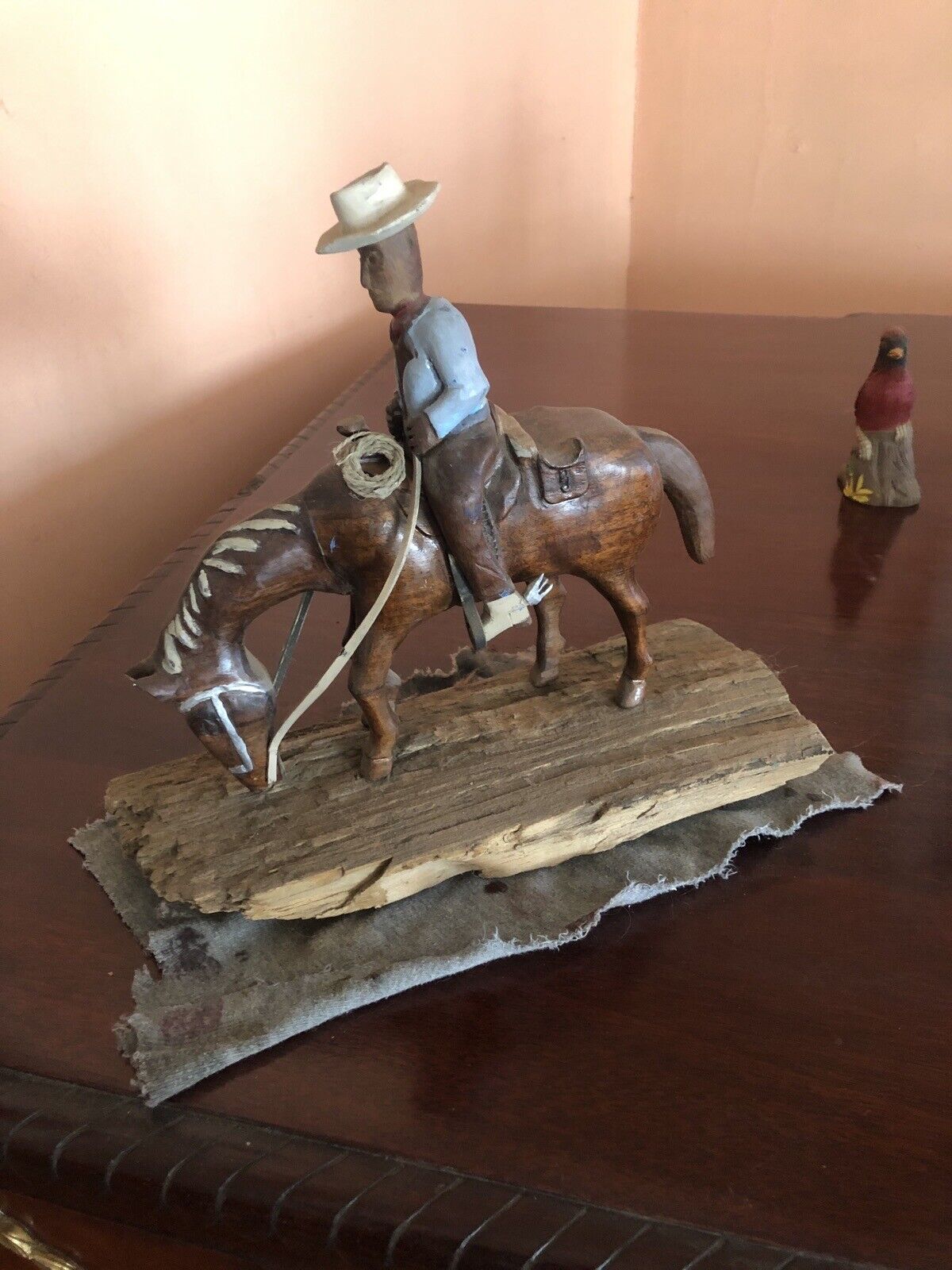 HAND CARVED WOOD WALNUT HORSE AND COWBOY STATUE GREAT FOR DESK OR COLLECTION