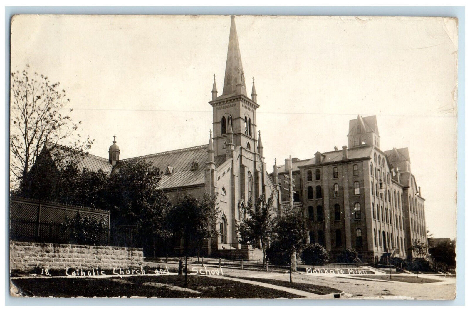1909 Catholic Church and School Mankato Minnesota MN RPPC Photo Postcard